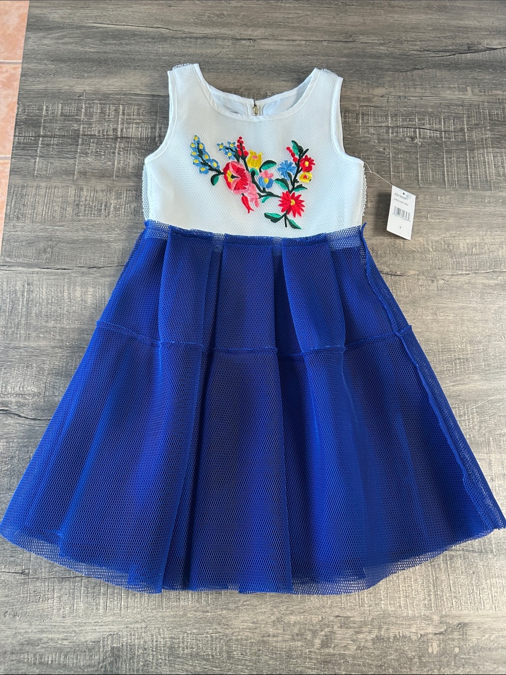 Pastourelle byPippa & Julie White Bodice with Royal Blue Floral Mesh Skirt Dress